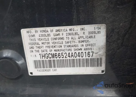 2004 Honda Accord 3.0 Ex из США, поврежденный, VIN 1HGCM66524A040167